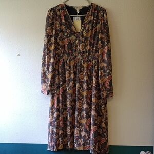 See U Soon Leaf print peasent Style Boho Midi Sheer Sleeve Dress Size 2 New Tags